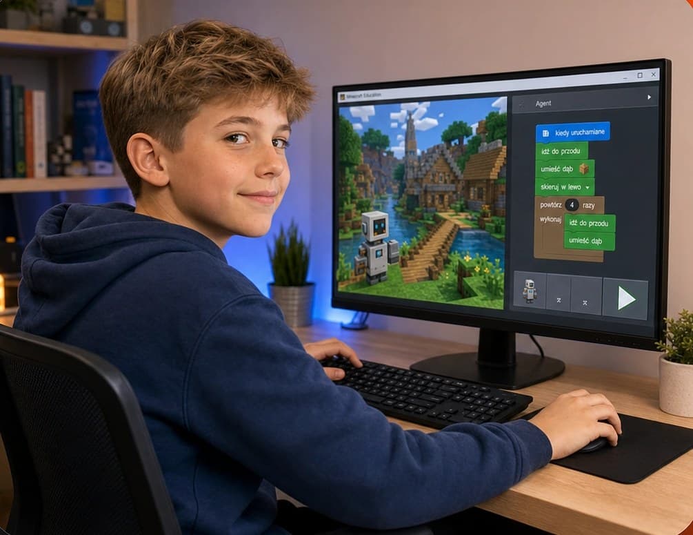 Nasmijani dječak za laptopom nakon uspješne nastave kursa programiranja